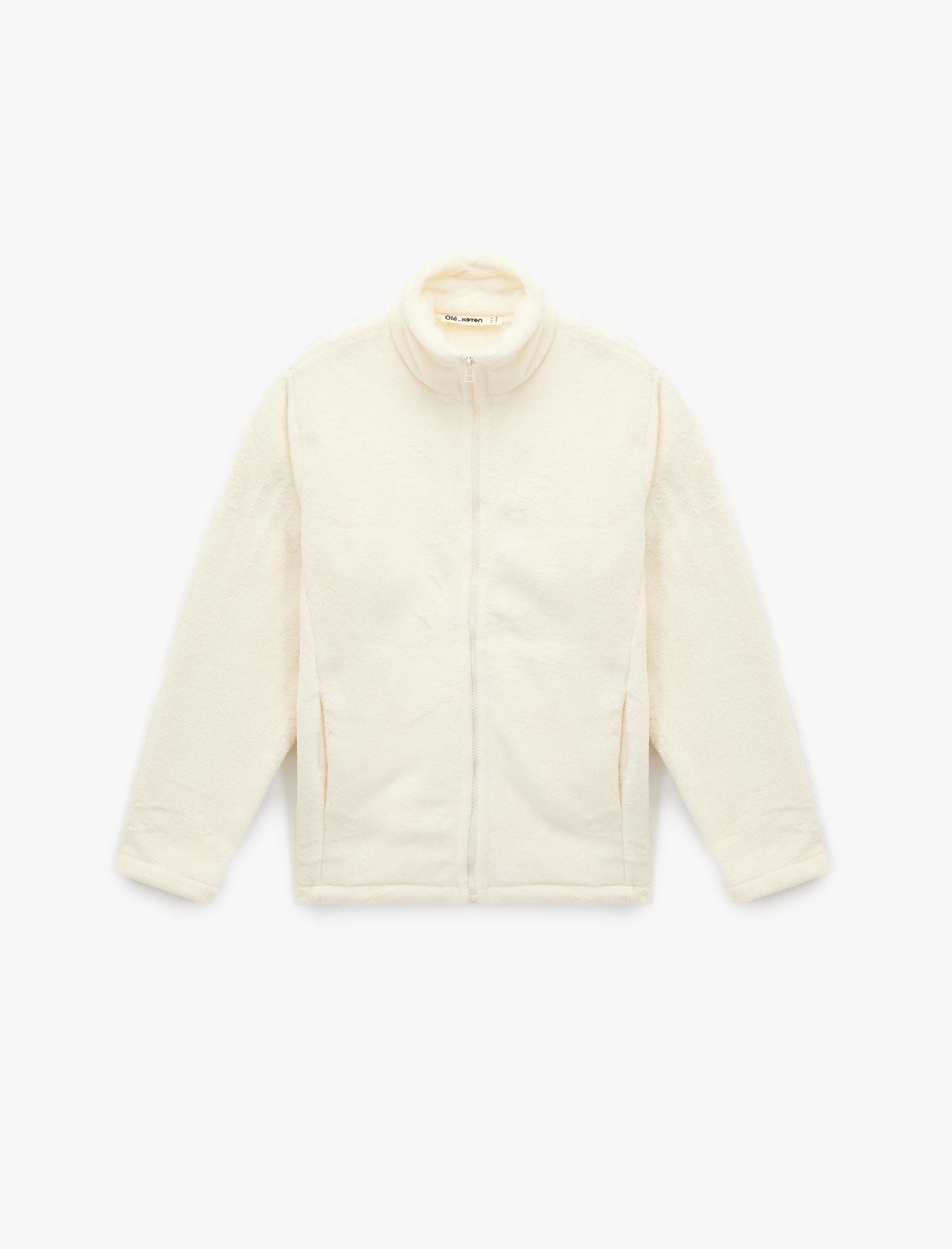   Dik Yaka Fermuarlı Cep Detaylı Oversize Peluş Ceket