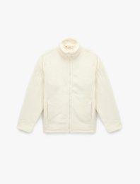 Dik Yaka Fermuarlı Cep Detaylı Oversize Peluş Ceket