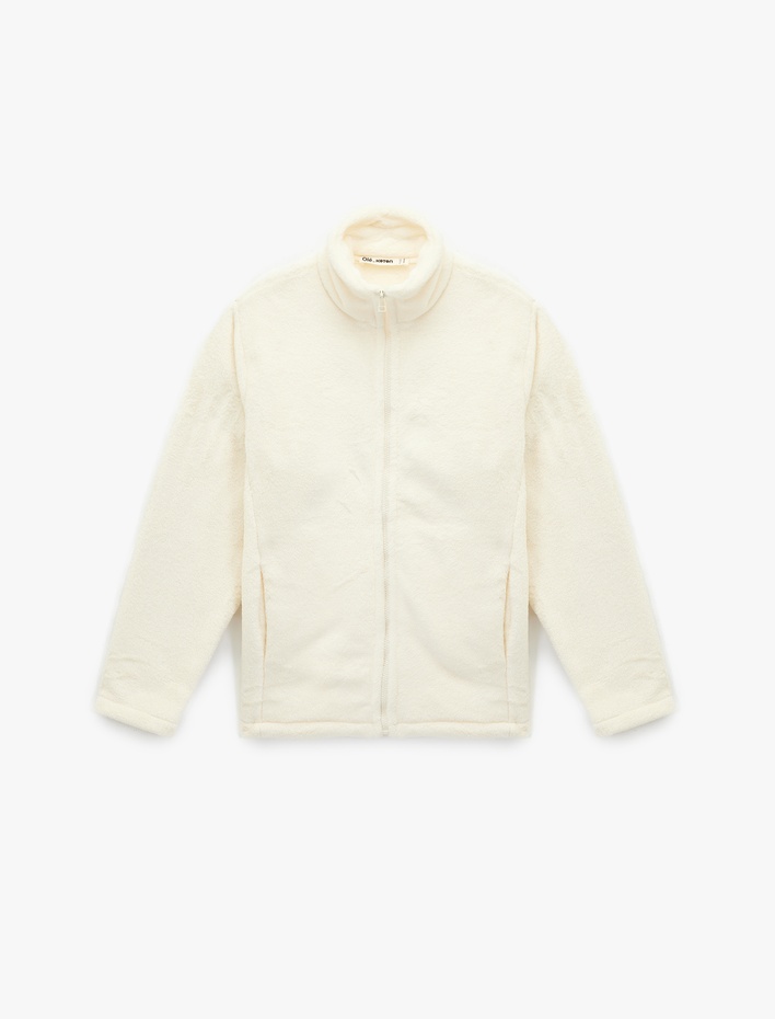  Dik Yaka Fermuarlı Cep Detaylı Oversize Peluş Ceket