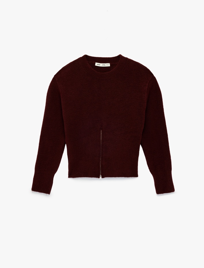  Uzun Kollu Bisiklet Yaka Fermuar Detaylı Triko Kazak