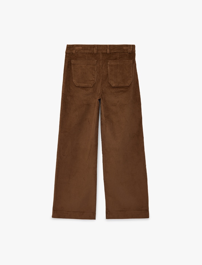  Aplike Cep Detaylı Geniş Paça Fitilli Kadife Pantolon