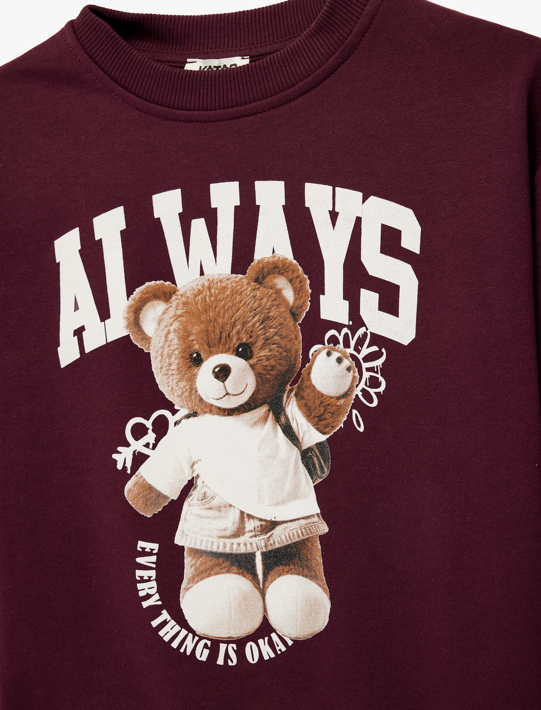  Kız Çocuk Pamuklu Uzun Kollu Bisiklet Yaka Ayıcık Baskılı Sweatshirt