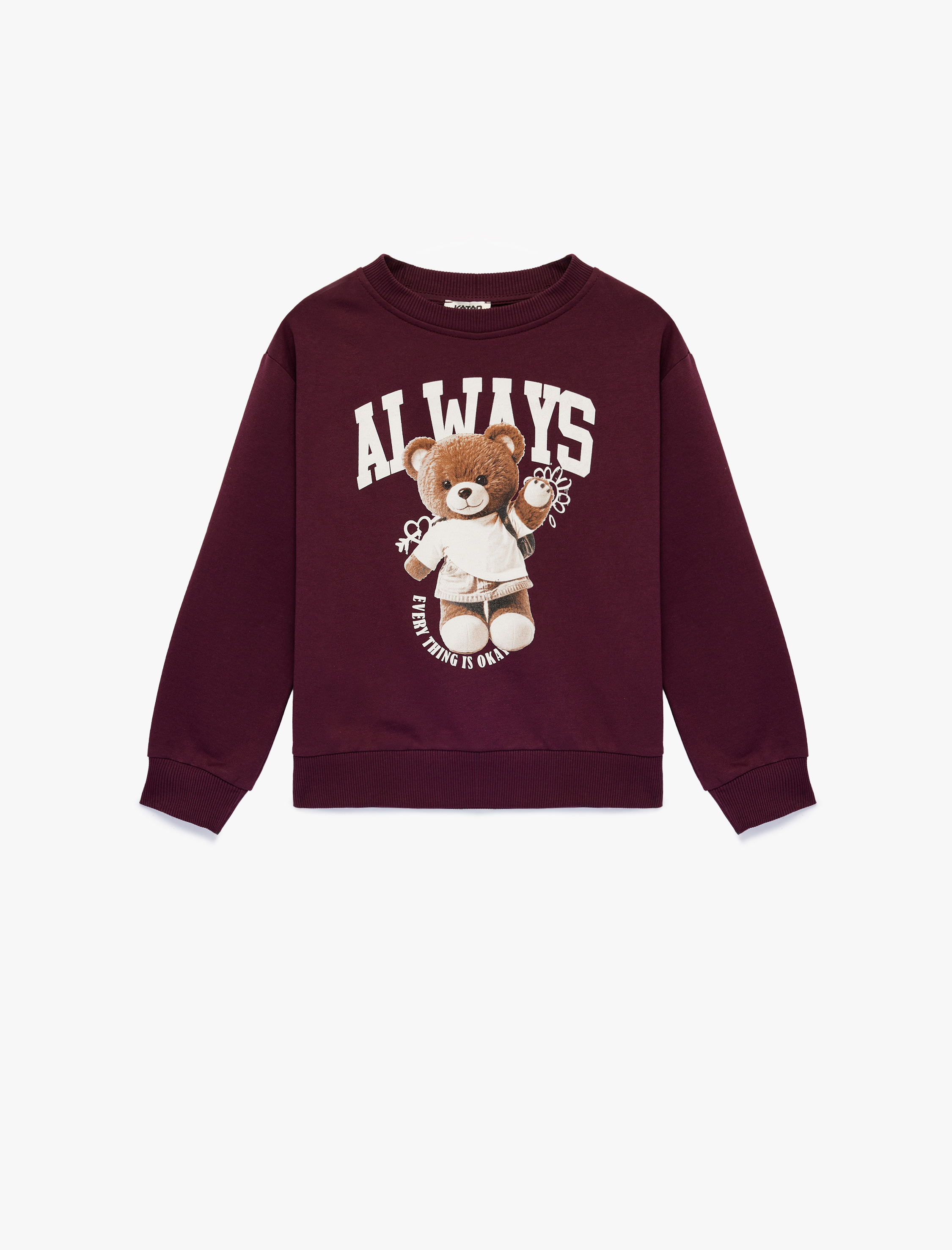  Kız Çocuk Pamuklu Uzun Kollu Bisiklet Yaka Ayıcık Baskılı Sweatshirt