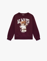 Pamuklu Uzun Kollu Bisiklet Yaka Ayıcık Baskılı Sweatshirt