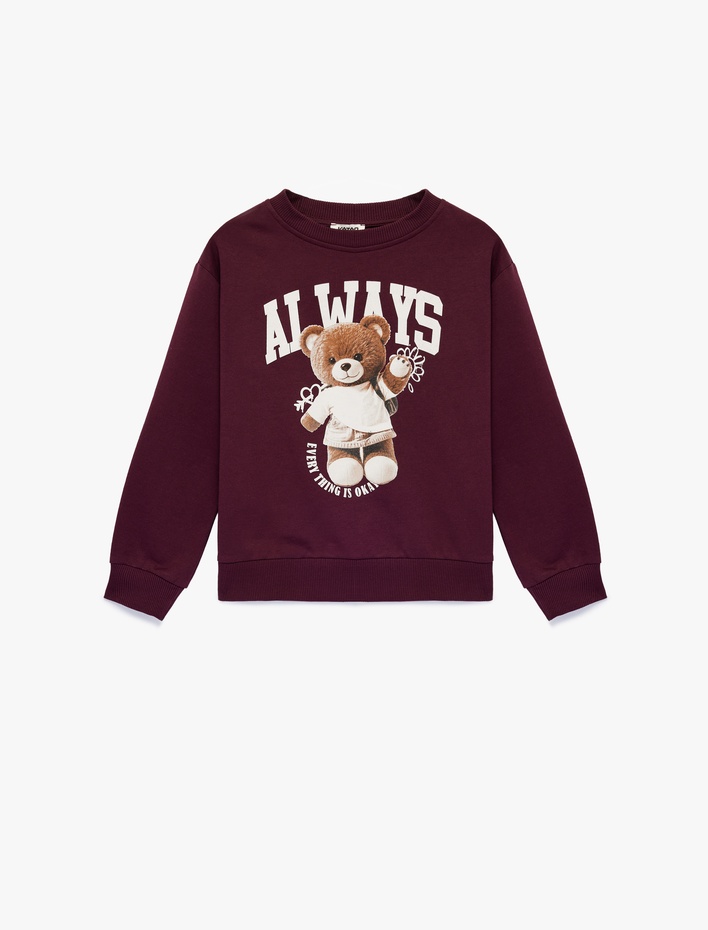 Kız Çocuk Pamuklu Uzun Kollu Bisiklet Yaka Ayıcık Baskılı Sweatshirt