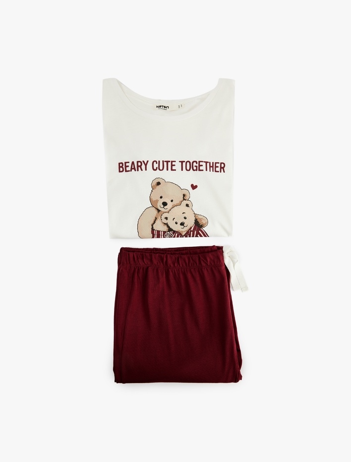  Pamuklu Kısa Kollu Ayıcık Baskılı Pijama Takımı