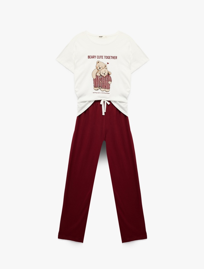  Pamuklu Kısa Kollu Ayıcık Baskılı Pijama Takımı