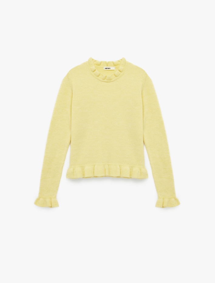  Uzun Kollu Yuvarlak Yaka Fırfır Detaylı Triko Oversize Kazak