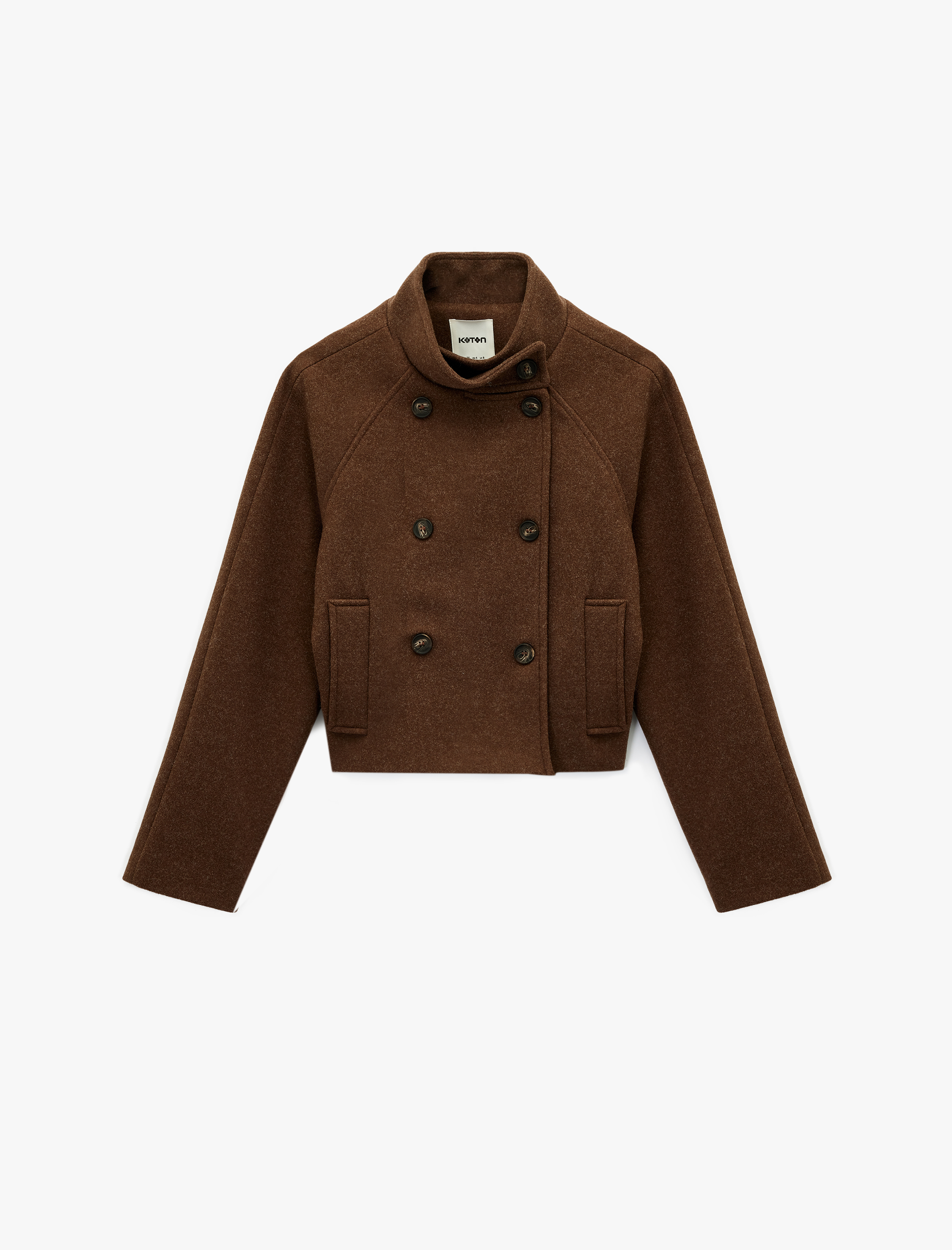   Uzun Kollu Cepli Dik Yaka Düğmeli Kruvaze Kısa Kaşe Mont