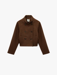 Uzun Kollu Cepli Dik Yaka Düğmeli Kruvaze Kısa Kaşe Mont