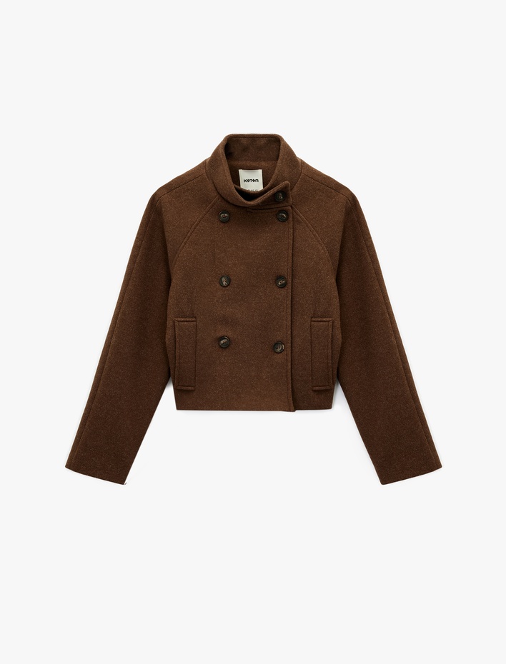  Uzun Kollu Cepli Dik Yaka Düğmeli Kruvaze Kısa Kaşe Mont