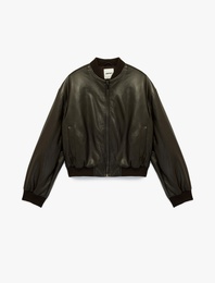 Uzun Kollu Kolej Yaka Cepli Crop Suni Deri Ceket