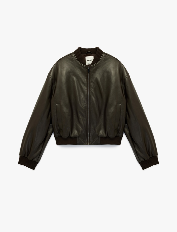  Uzun Kollu Kolej Yaka Cepli Crop Suni Deri Ceket