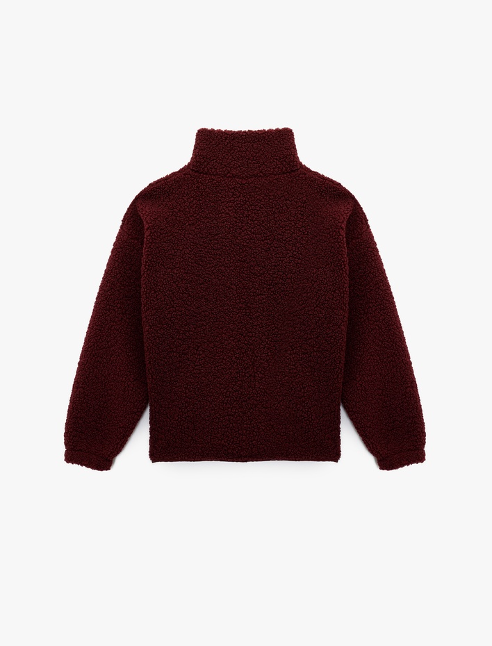  Dik Yaka Fermuar Cep Detaylı Çıtçıt Düğmeli Oversize Peluş Ceket