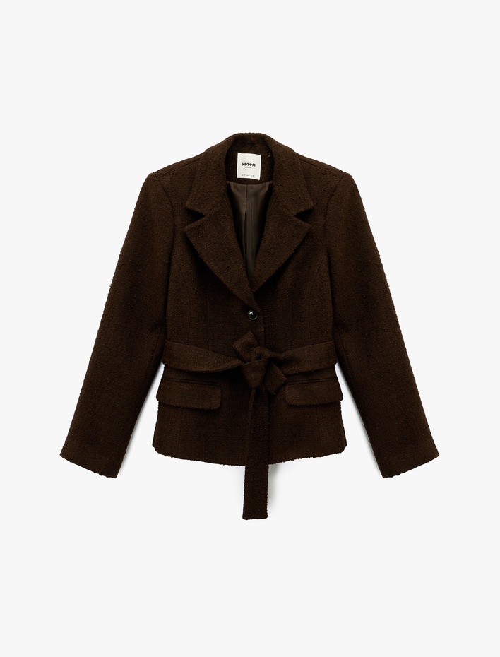 Uzun Kollu Kemer Detaylı Tüvit Blazer Ceket