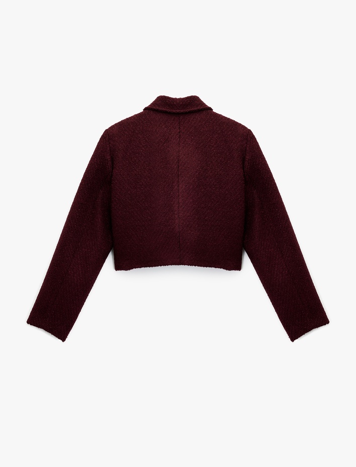  Mücevher Düğme Detaylı Uzun Kollu Cepli Crop Tüvit Ceket