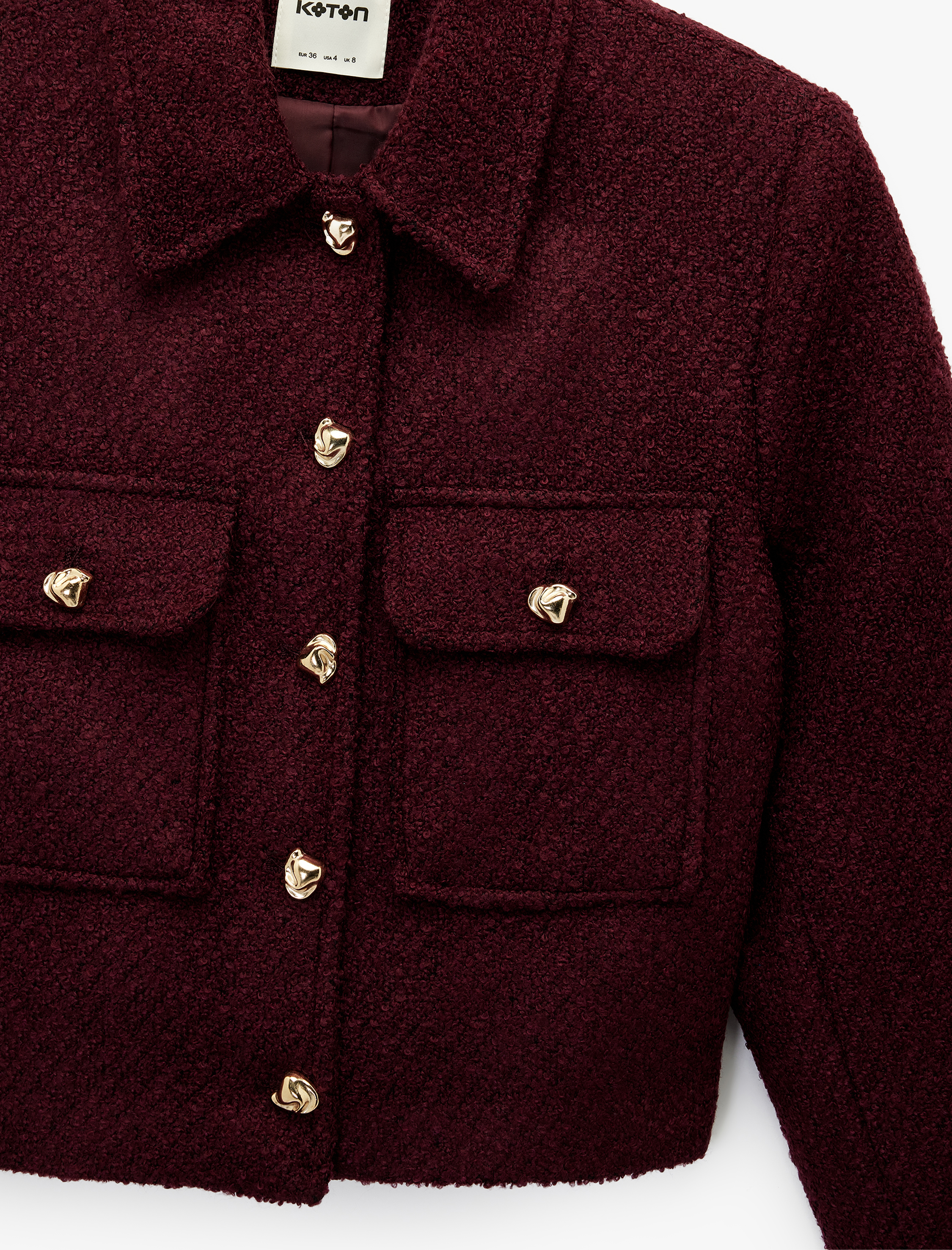   Mücevher Düğme Detaylı Uzun Kollu Cepli Crop Tüvit Ceket