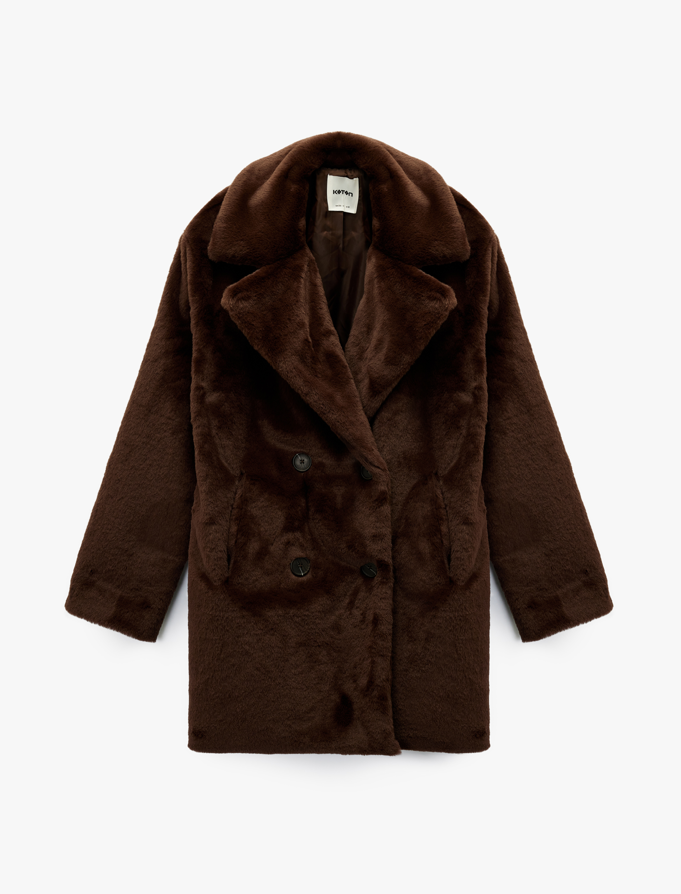   Suni Kürk Kaban Kruvaze Düğmeli Uzun Kollu Cepli