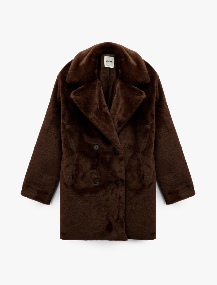  Suni Kürk Kaban Kruvaze Düğmeli Uzun Kollu Cepli