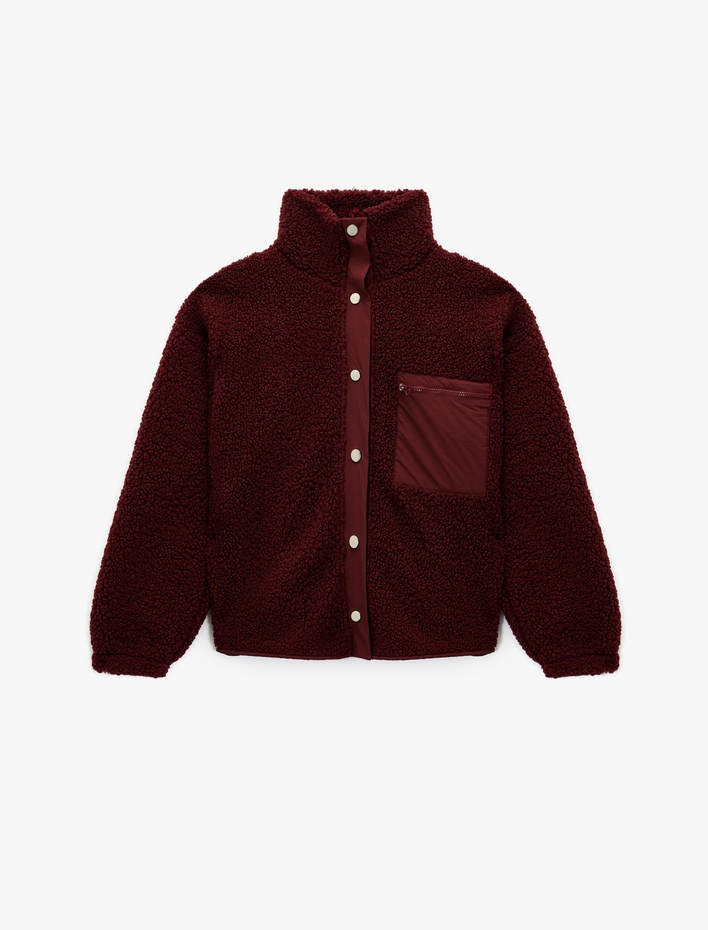  Dik Yaka Fermuar Cep Detaylı Çıtçıt Düğmeli Oversize Peluş Ceket