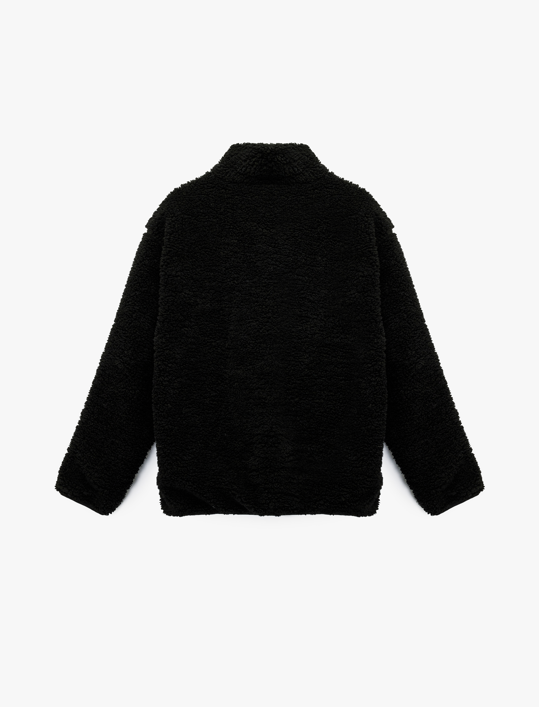   Uzun Kollu Cepli Dik Yaka Fermuarlı Peluş Ceket