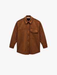 Uzun Kollu Klasik Yaka Çıtçıt Düğmeli Cepli Oversize Süet Görünümlü Ceket