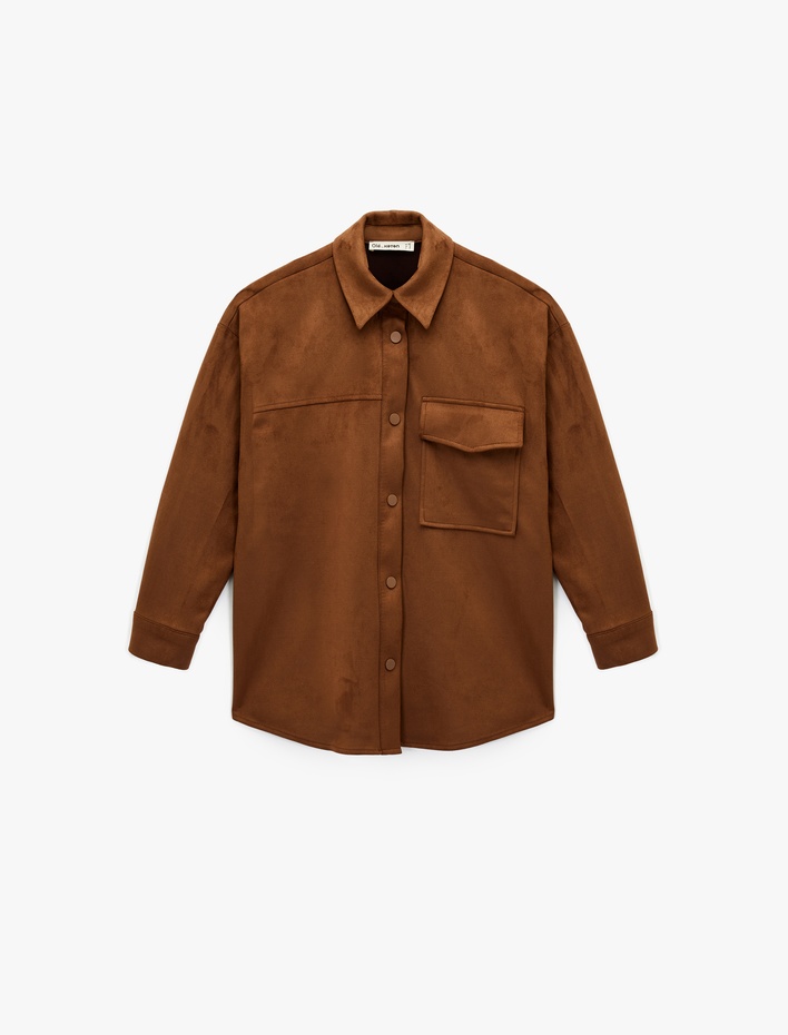  Uzun Kollu Klasik Yaka Çıtçıt Düğmeli Cepli Oversize Süet Görünümlü Ceket