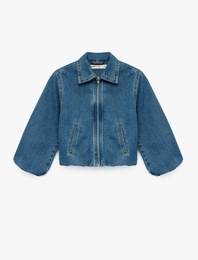 Pamuklu Uzun Kollu Cepli Fermuarlı Denim Ceket