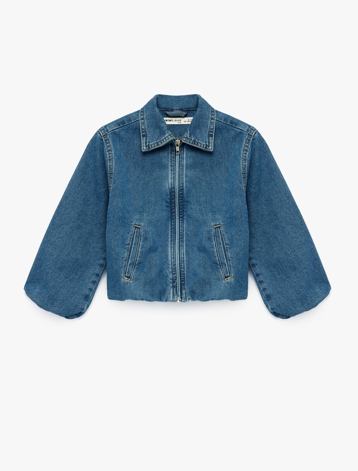Kız Çocuk Pamuklu Uzun Kollu Cepli Fermuarlı Denim Ceket
