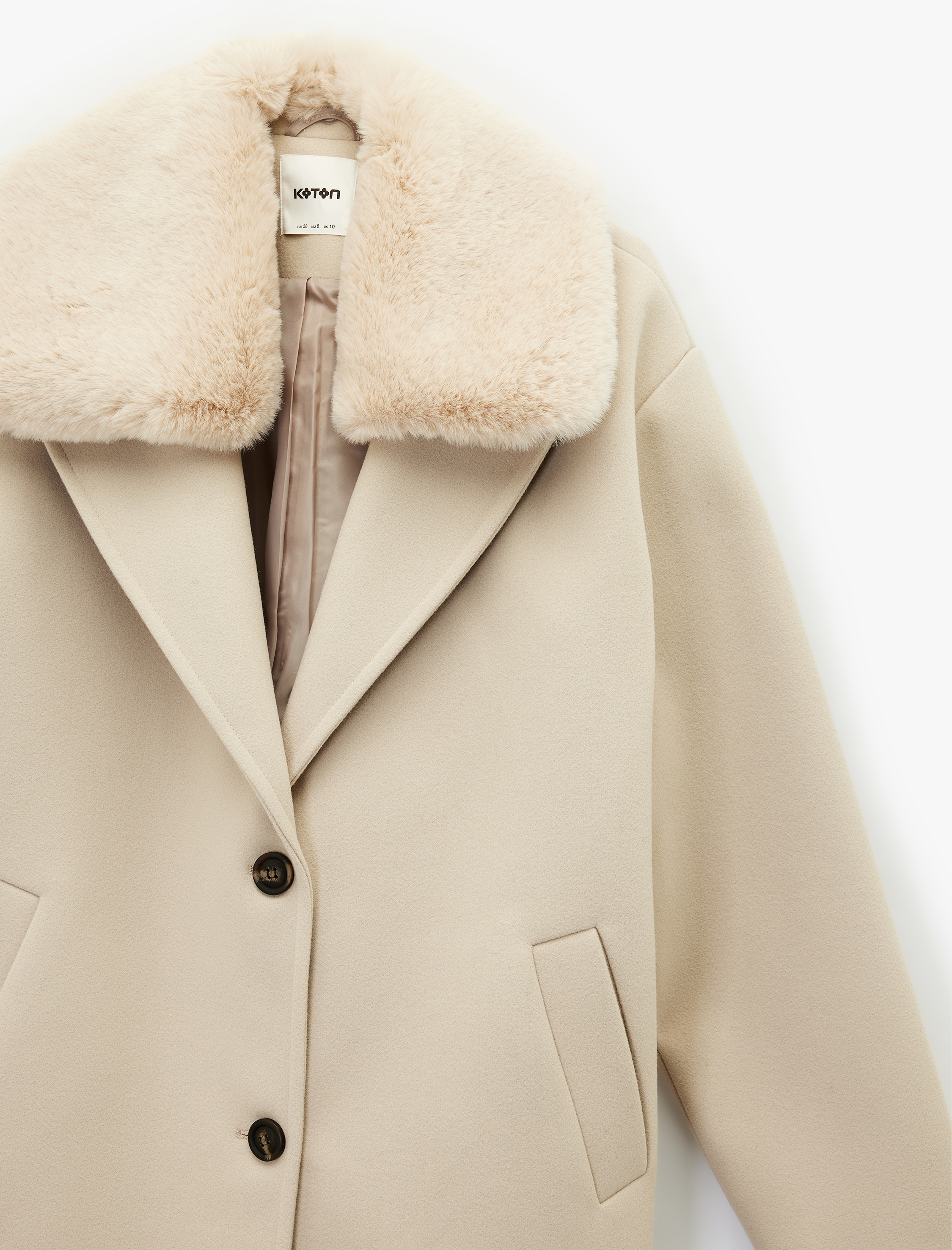   Çıkarılabilir Suni Kürk Yaka Kaban Oversize Kaşe Uzun Kollu Cepli Düğmeli