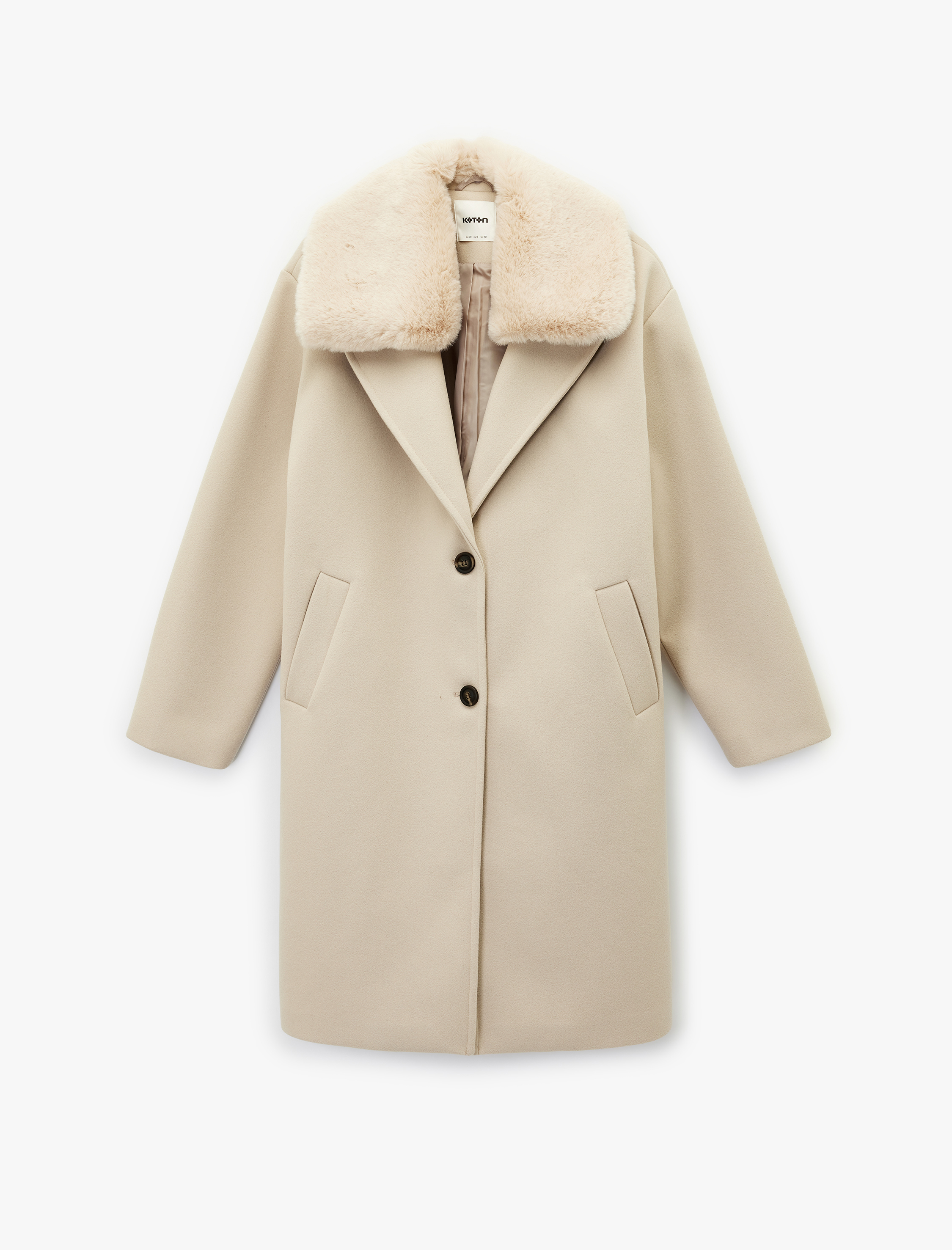   Çıkarılabilir Suni Kürk Yaka Kaban Oversize Kaşe Uzun Kollu Cepli Düğmeli