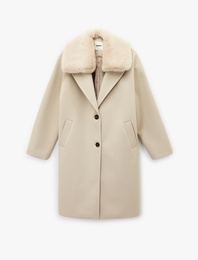 Çıkarılabilir Suni Kürk Yaka Kaban Oversize Kaşe Uzun Kollu Cepli Düğmeli