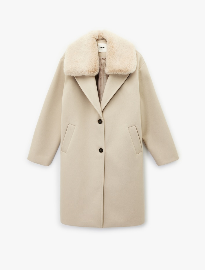  Çıkarılabilir Suni Kürk Yaka Kaban Oversize Kaşe Uzun Kollu Cepli Düğmeli