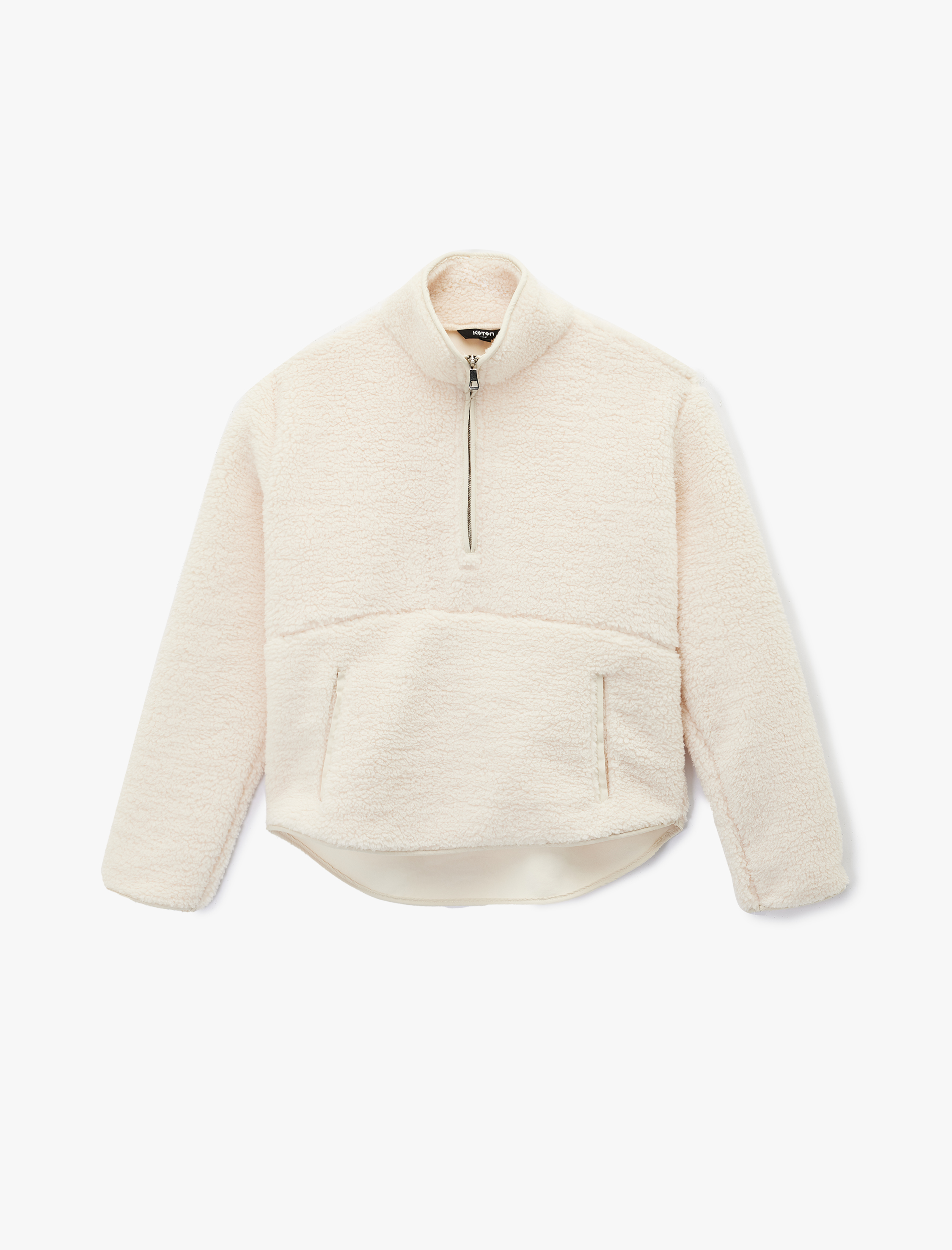   Uzun Kollu Cepli Yarım Fermuarlı Spor Peluş Sweatshirt