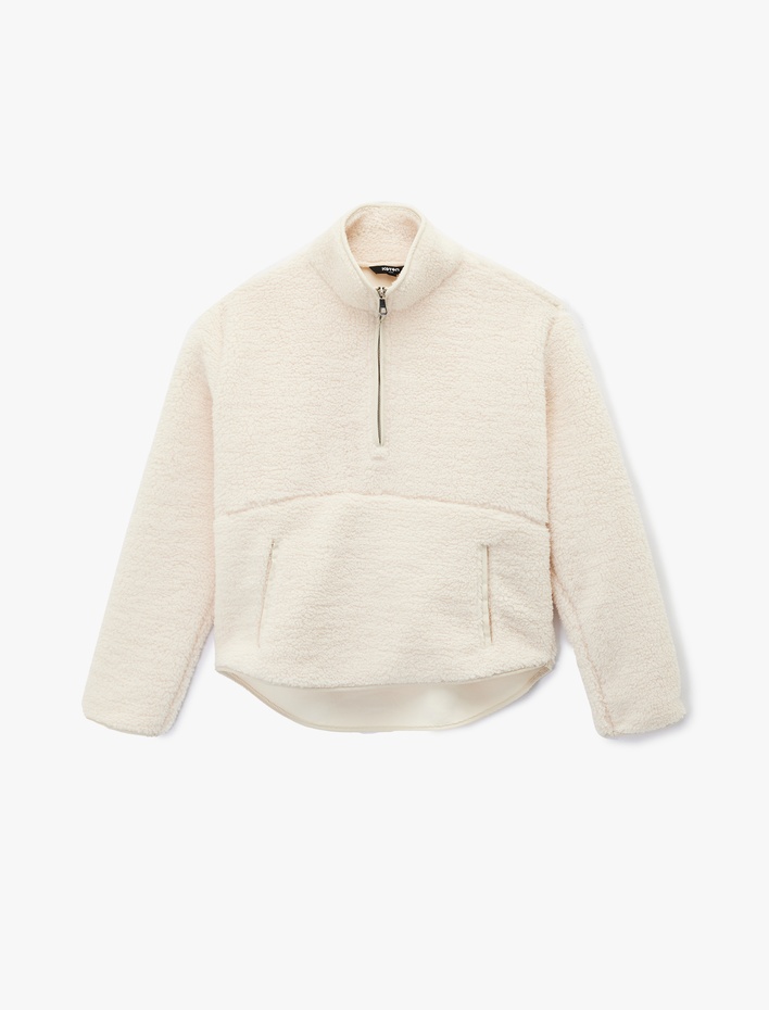  Uzun Kollu Cepli Yarım Fermuarlı Spor Peluş Sweatshirt