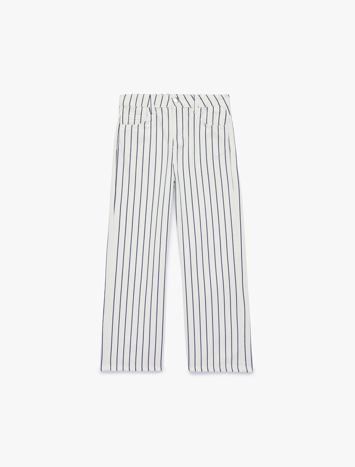 Kız Çocuk Pamuklu Cepli Geniş Paça Çizgili Denim Pantolon