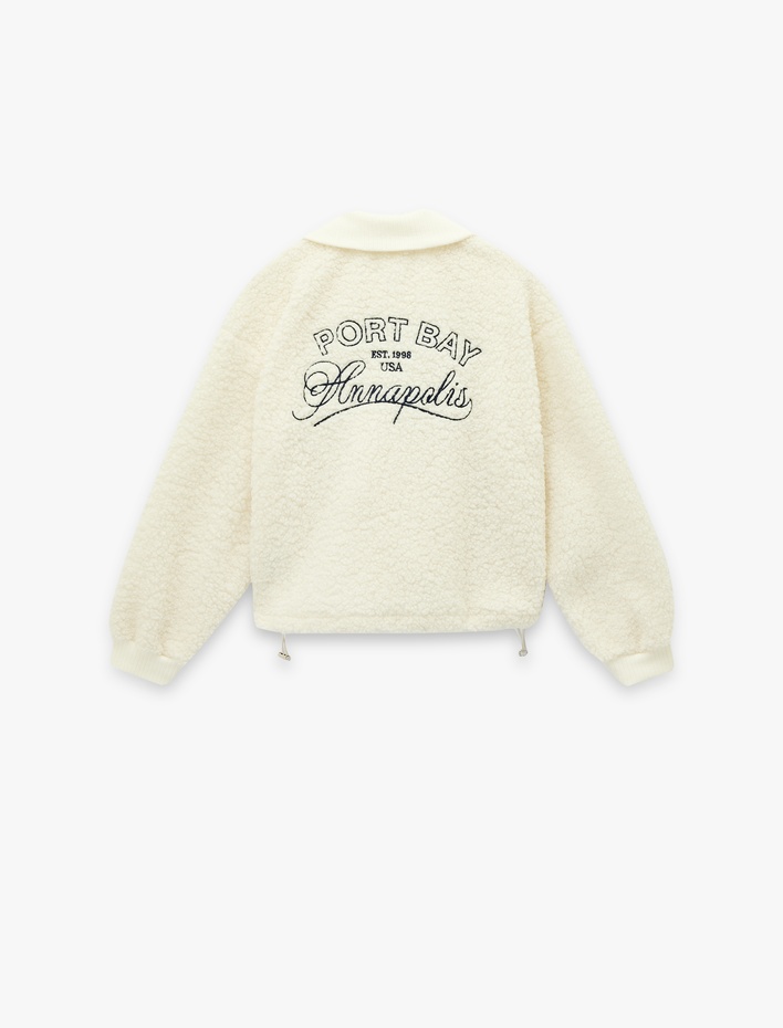  Rahat Kalıp Arkası Nakış Detaylı Cepli Uzun Kollu Fermuarlı Crop Peluş Ceket