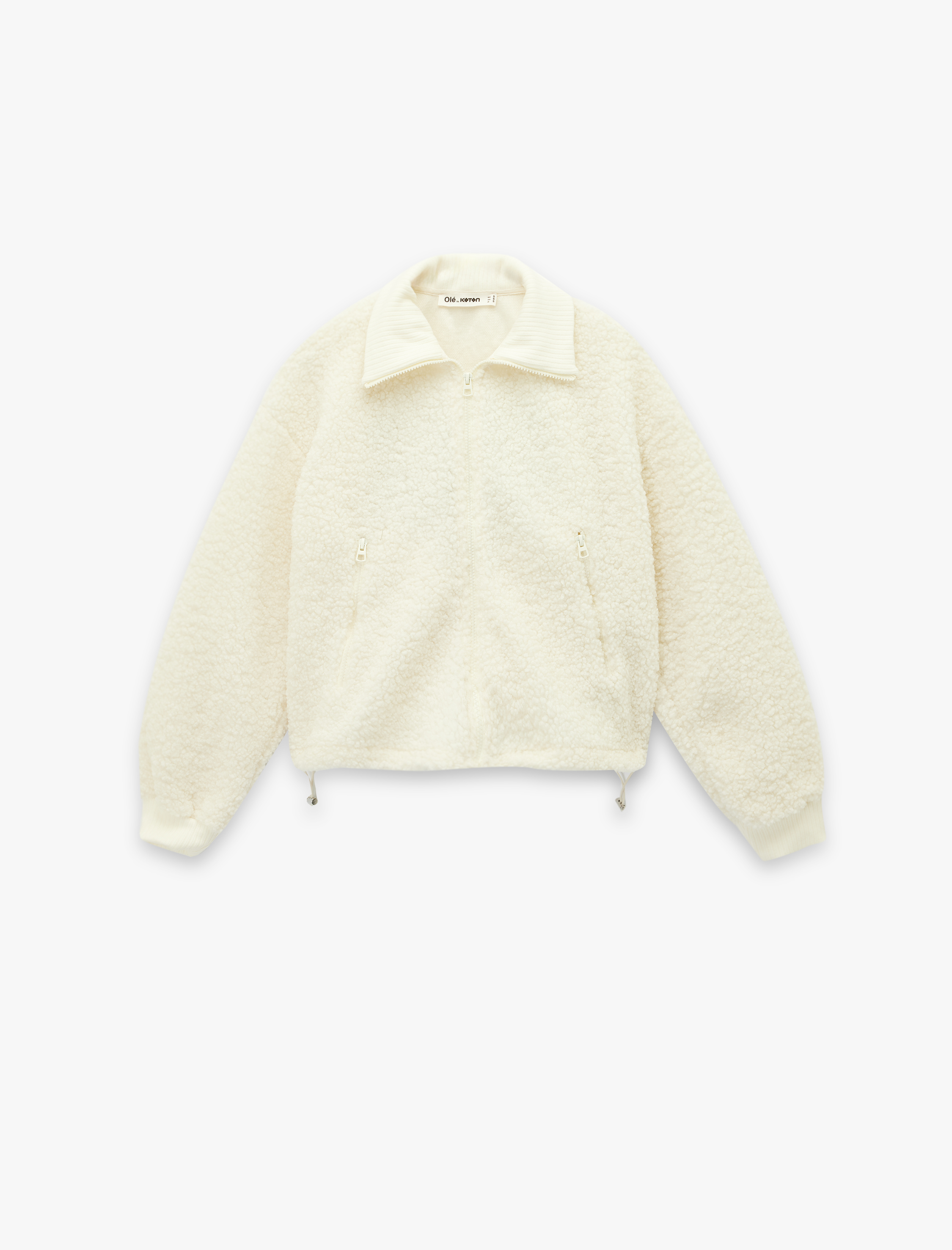   Rahat Kalıp Arkası Nakış Detaylı Cepli Uzun Kollu Fermuarlı Crop Peluş Ceket