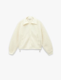 Rahat Kalıp Arkası Nakış Detaylı Cepli Uzun Kollu Fermuarlı Crop Peluş Ceket