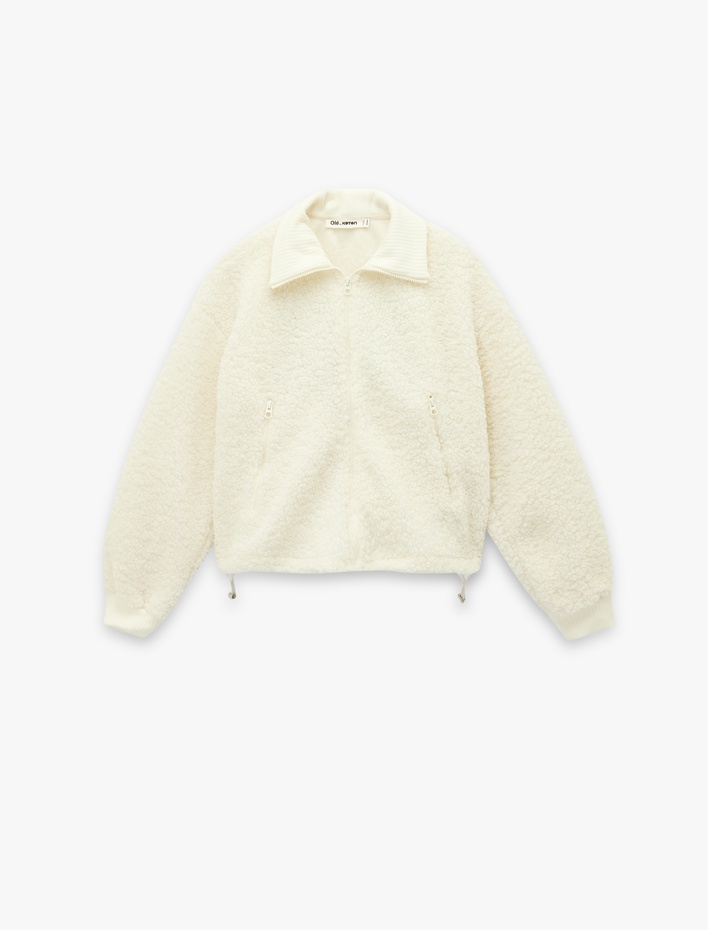  Rahat Kalıp Arkası Nakış Detaylı Cepli Uzun Kollu Fermuarlı Crop Peluş Ceket