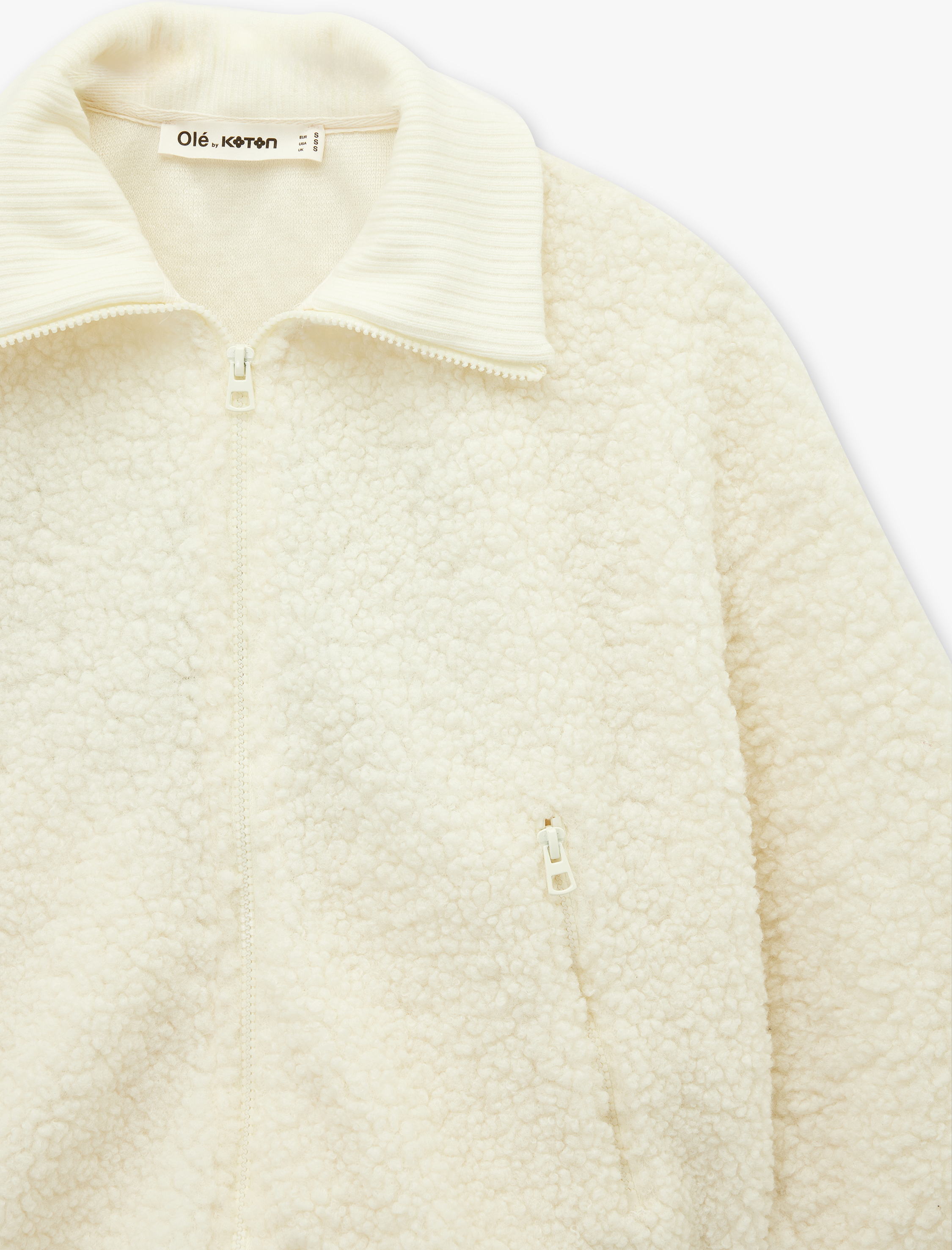   Rahat Kalıp Arkası Nakış Detaylı Cepli Uzun Kollu Fermuarlı Crop Peluş Ceket