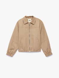 Uzun Kollu Cepli Fermuar Detaylı Ceket