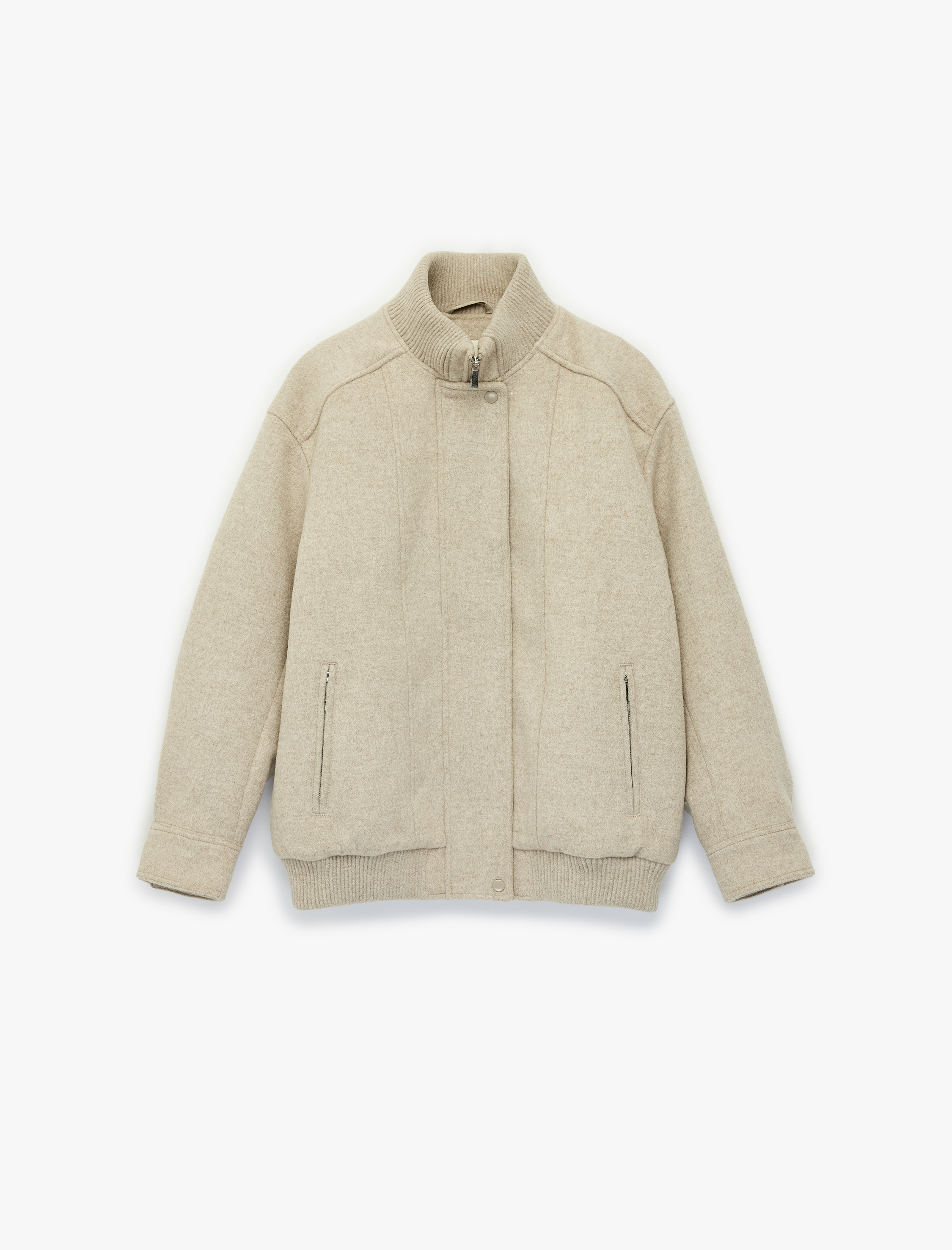   Fermuarlı Cepli Dik Yaka Uzun Kollu Oversize Kaşe Bomber Mont