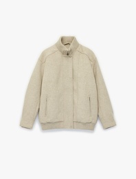 Fermuarlı Cepli Dik Yaka Uzun Kollu Oversize Kaşe Bomber Mont