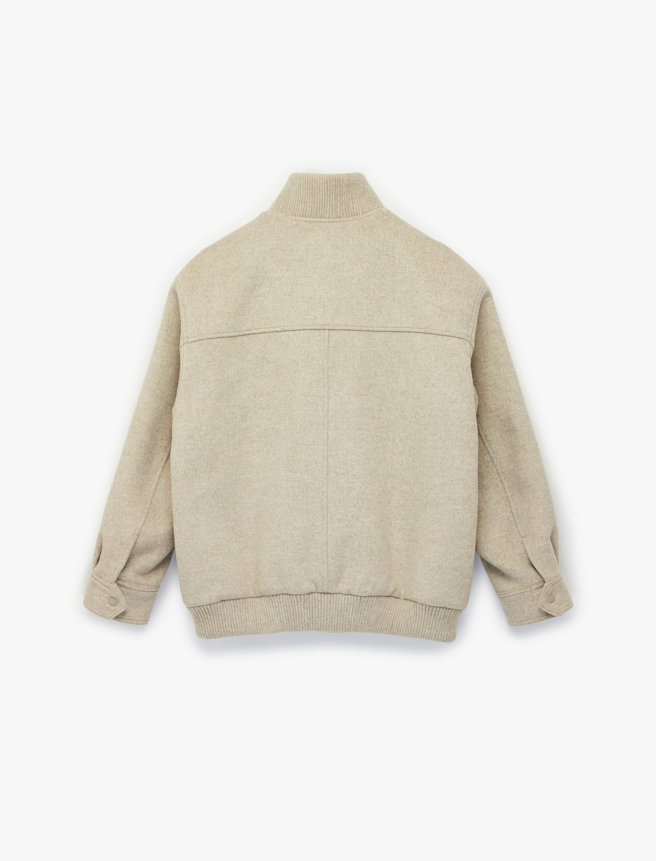   Fermuarlı Cepli Dik Yaka Uzun Kollu Oversize Kaşe Bomber Mont