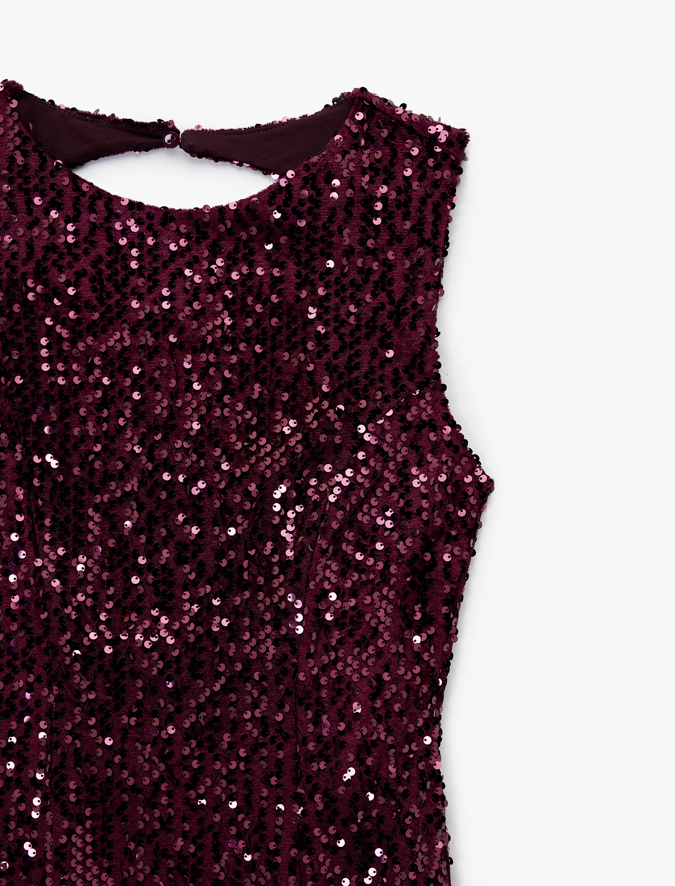   Yuvarlak Yaka Kolsuz Sırt Dekolteli Pullu Payetli Mini Elbise