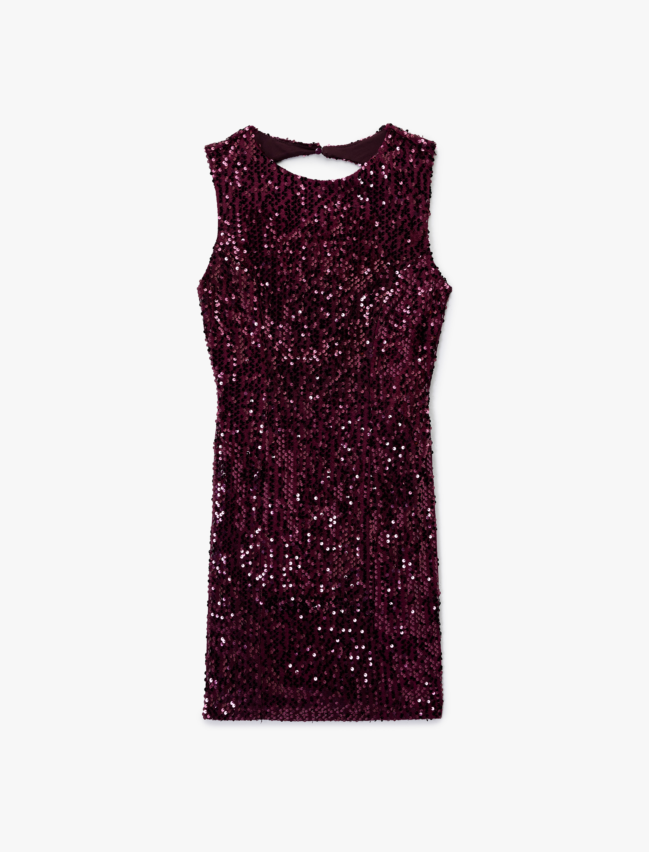   Yuvarlak Yaka Kolsuz Sırt Dekolteli Pullu Payetli Mini Elbise