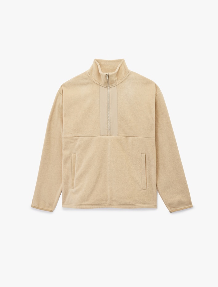  Uzun Kollu Cepli Yarım Fermuarlı Polar Sweatshirt