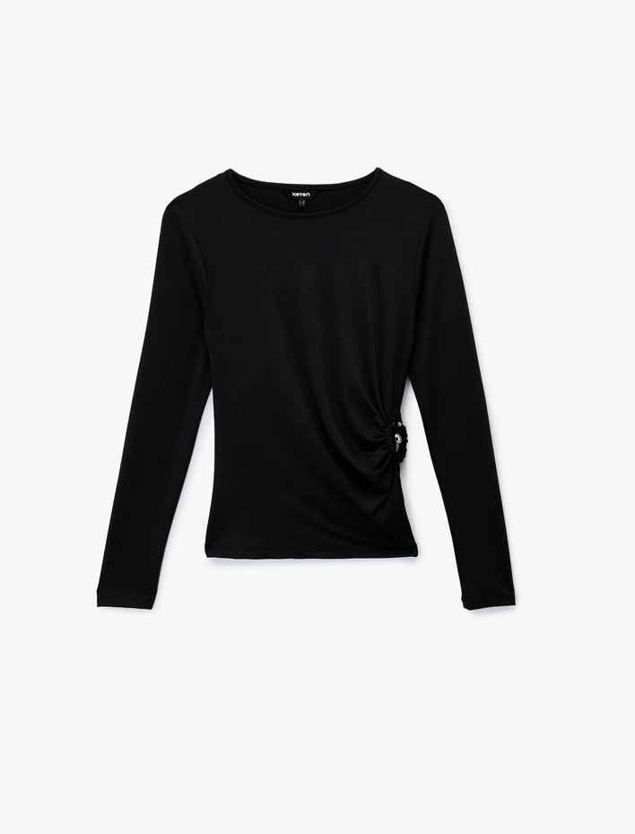  Slim Fit Uzun Kollu Bisiklet Yaka Metal Aksesuarlı Tişört