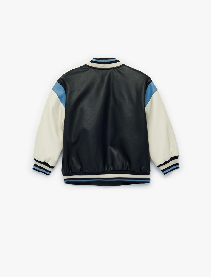 Erkek Bebek Uzun Kollu Bisiklet Yaka Suni Deri Bomber Kolej Ceket